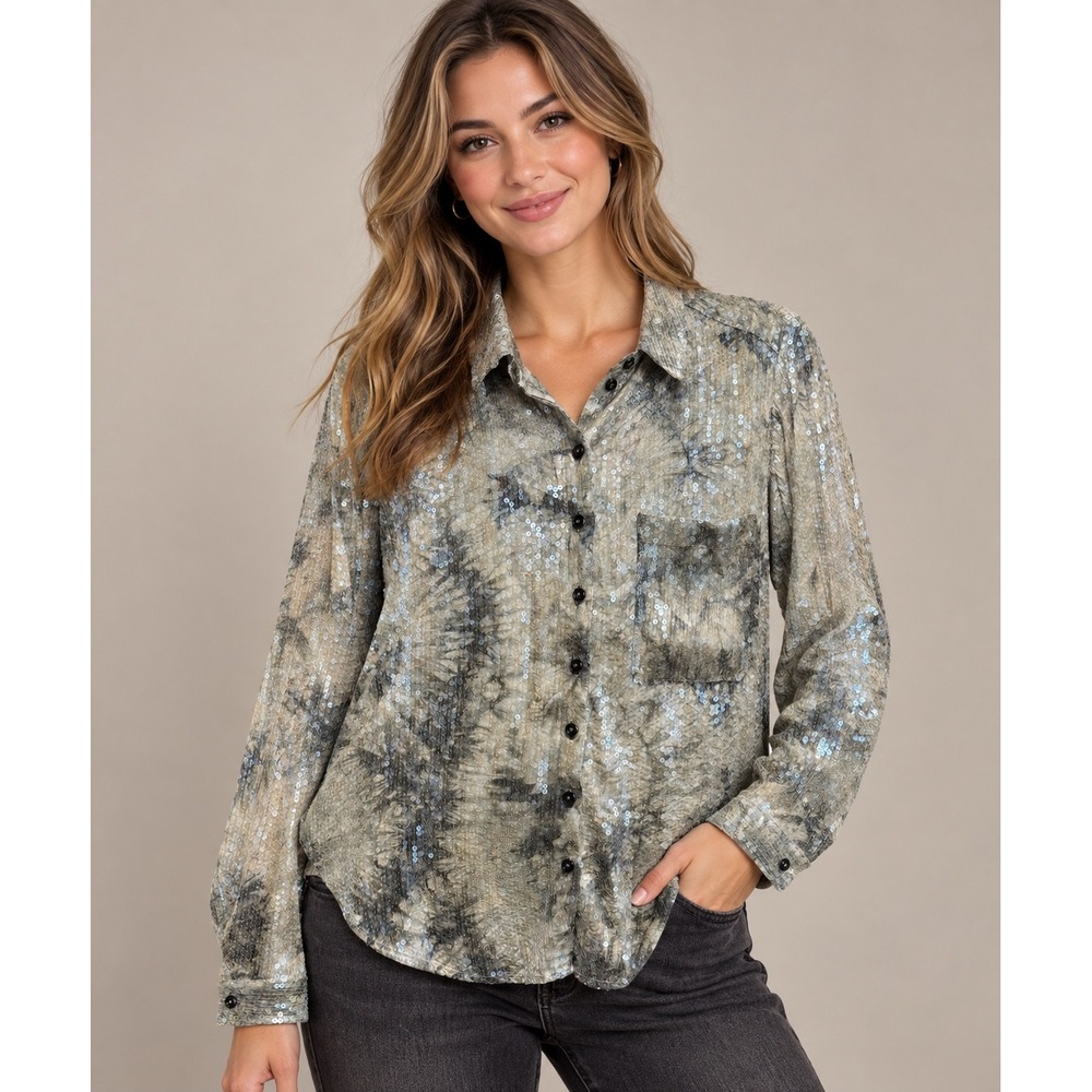 Pilcro Sequin Tie Dye shirt Women's L Green Gray  Button Down Blouse